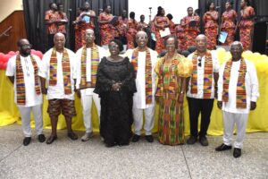Ghanaian Minister for Tourism, Culture and Creative Arts, Abla Dzifa Gomashie (in black) with the officials from the Ephraim Amu Foundation