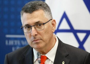 Foreign Minister Gideon Sa'ar looks on during a joint press conference with his Lithuanian counterpart at the Foreign Ministry in Vilnius on July 1, 2025.