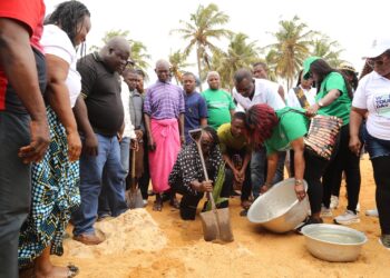 Ghana's Minister of Tourism, Culture and Creative Arts , Abla Dzifa Gomashie planting a coconut seedling during the World Tourism Day at Agavedzi