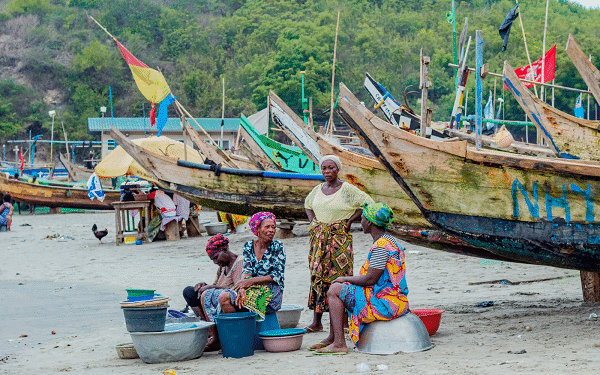 Fishing canoes docked at a landing beach in Ghana