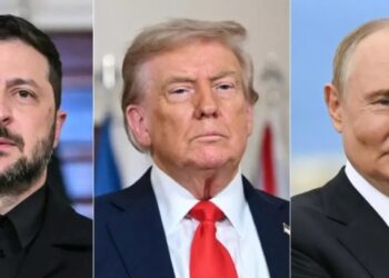 Split picture of Volodymyr Zelensky, Donald Trump and Vladimir Putin.