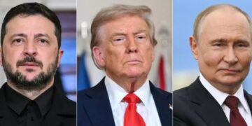 Split picture of Volodymyr Zelensky, Donald Trump and Vladimir Putin.