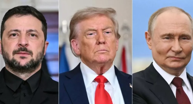 Split picture of Volodymyr Zelensky, Donald Trump and Vladimir Putin.