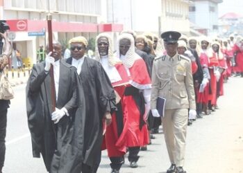 Justice Paul Baffoe-Bonnie (3rd from left), the acting Chief Justice, and other Justices of the Supreme Court in a procession to the church service.