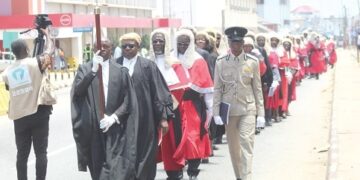 Justice Paul Baffoe-Bonnie (3rd from left), the acting Chief Justice, and other Justices of the Supreme Court in a procession to the church service.