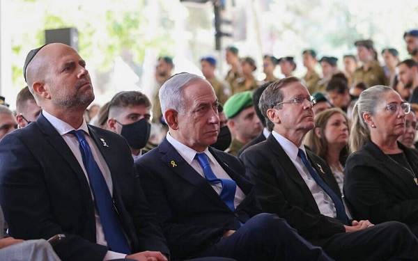 A state ceremony marking the anniversary of the Hamas terrorist attack on October 7, at Mount Herzl military cemetery in Jerusalem, on October 16, 2025. (Alex Kolomoisky/POOL)