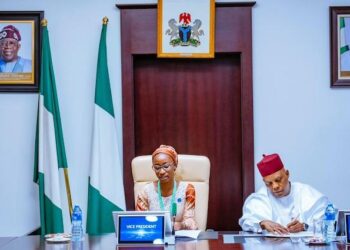 Vice President Kashim Shettima and Joy Ogah. Photo credit: Stanley Nkwocha /X