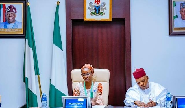 Vice President Kashim Shettima and Joy Ogah. Photo credit: Stanley Nkwocha /X