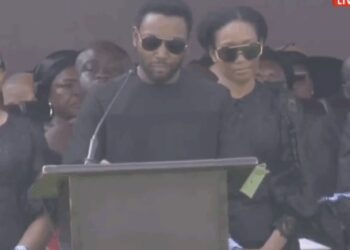 Children of Nana Konadu Agyemang-Rawlings paying their tribute at the state funeral held in Accra on November 28, 2025.