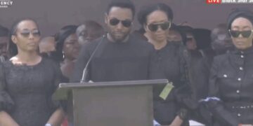 Children of Nana Konadu Agyemang-Rawlings paying their tribute at the state funeral held in Accra on November 28, 2025.