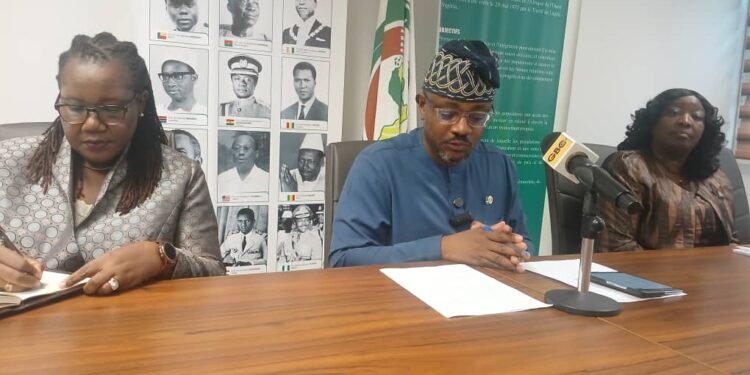 Director of Trade at the ECOWAS Commission, Kolawole A. Sofola (middle) flanked by Mrs Fatmata Lucia Seiwoh (right) and Dr Tenewa Asamoah (Minister Plenipotentiary/ Deputy Head of Mission, Ghana High Commission in Nigeria)