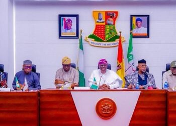 L-R: Governors Ademola Adeleke (Osun) represented by his deputy, Kola Adewusi; Biodun Oyebanji (Ekiti); Seyi Makinde (Oyo); Babajide Sanwo-Olu (Lagos); Dapo Abiodun (Ogun) and Lucky Aiyedatiwa (Ondo) during the South-West Governors Forum meeting, at the Oyo State Governor’s Office in Agodi, Ibadan, on Monday, November 24, 2025.