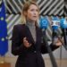 European Union foreign policy chief Kaja Kallas speaks with the media as she arrives for a meeting of EU foreign ministers at the European Council building in Brussels, December 15, 2025. © Virginia Mayo, AP