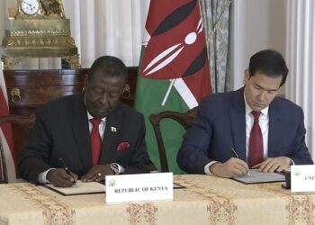 Kenyan Cabinet Secretary Musalia Mudavadi and US Secretary of State Marco Rubio sign the health agreement.