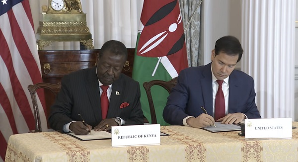 Kenyan Cabinet Secretary Musalia Mudavadi and US Secretary of State Marco Rubio sign the health agreement.