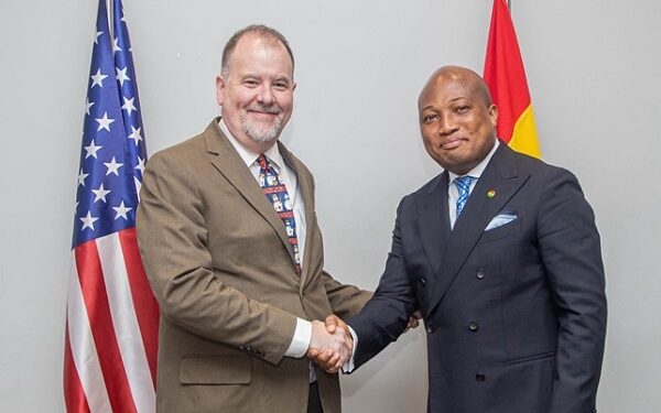 Ghana's foreign Minister, Samuel Okudzeto Ablakwa (right) in a handshake with Acting US Ambassador to Ghana, Rolf Olson