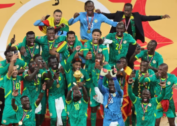 Senegalese players jubilating after the AFCON win