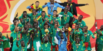 Senegalese players jubilating after the AFCON win
