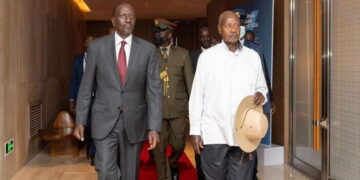 President William Ruto and his counterpart, Yoweri Kaguta Museveni, at the Africa We Build Summit 2026, Nairobi, on April 23.