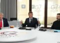 Trump (L) has met with Zelenskyy (R) at the G7 summit hosted by France's Macron (C)